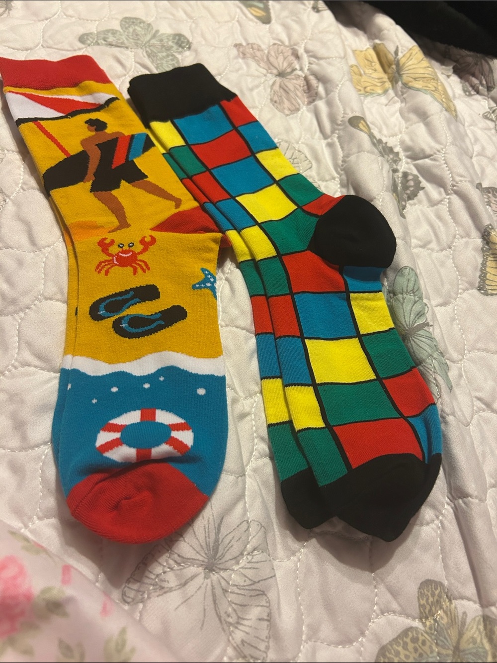Colorful Men's Novelty Socks - Beach & Checker Designs (Yellow, Multicolor)